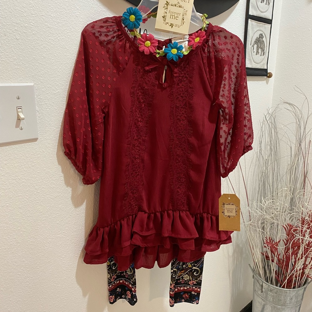 forever me Girls Burgundy 2 Layer Semi Sheer Top w/Black Floral Leggings - 8
